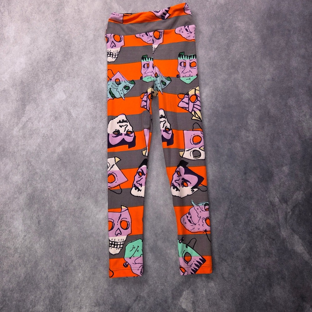 LuLaRoe Halloween Legging Kids S/M Fits Size 2-8 Orange Monster Mask Striped Fun
